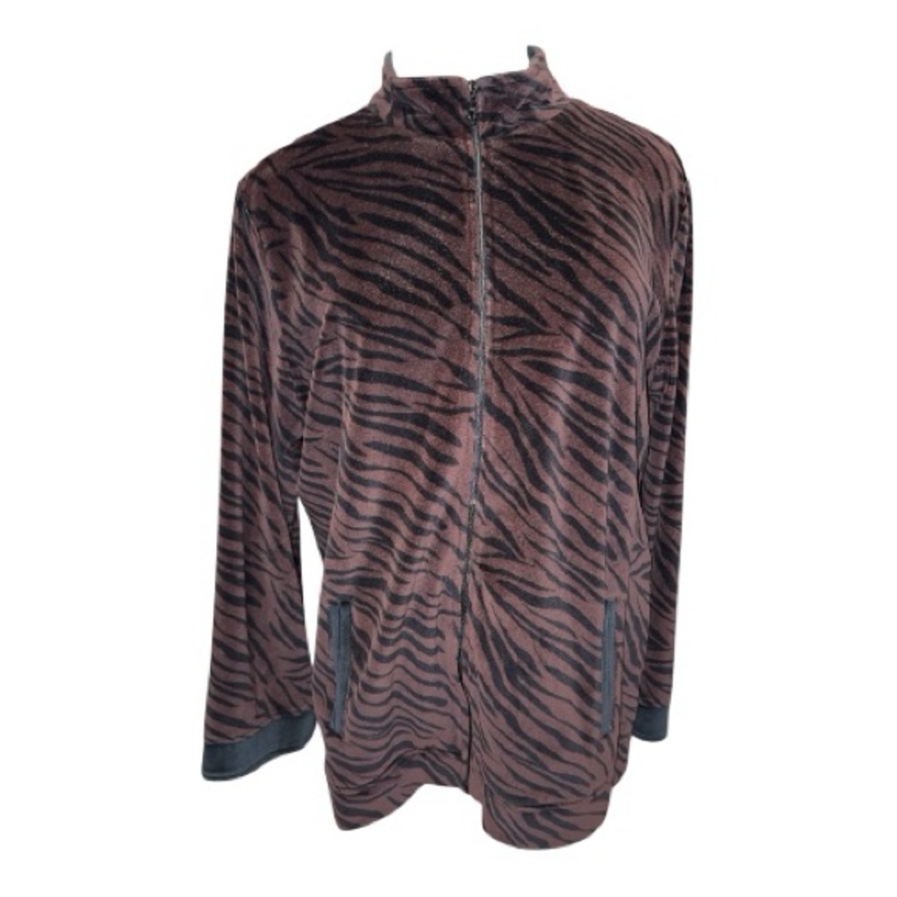 Coral Bay Tiger Stripe Velour Track Jacket Brown/Black | Zip w/pockets | Size 2X